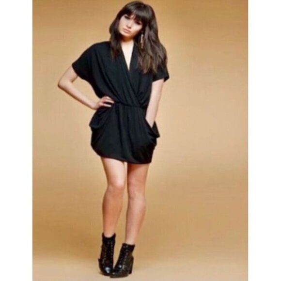 Rachel Rachel Roy Black Faux Wrap Mini Dress With Pockets L - Picture 1 of 5